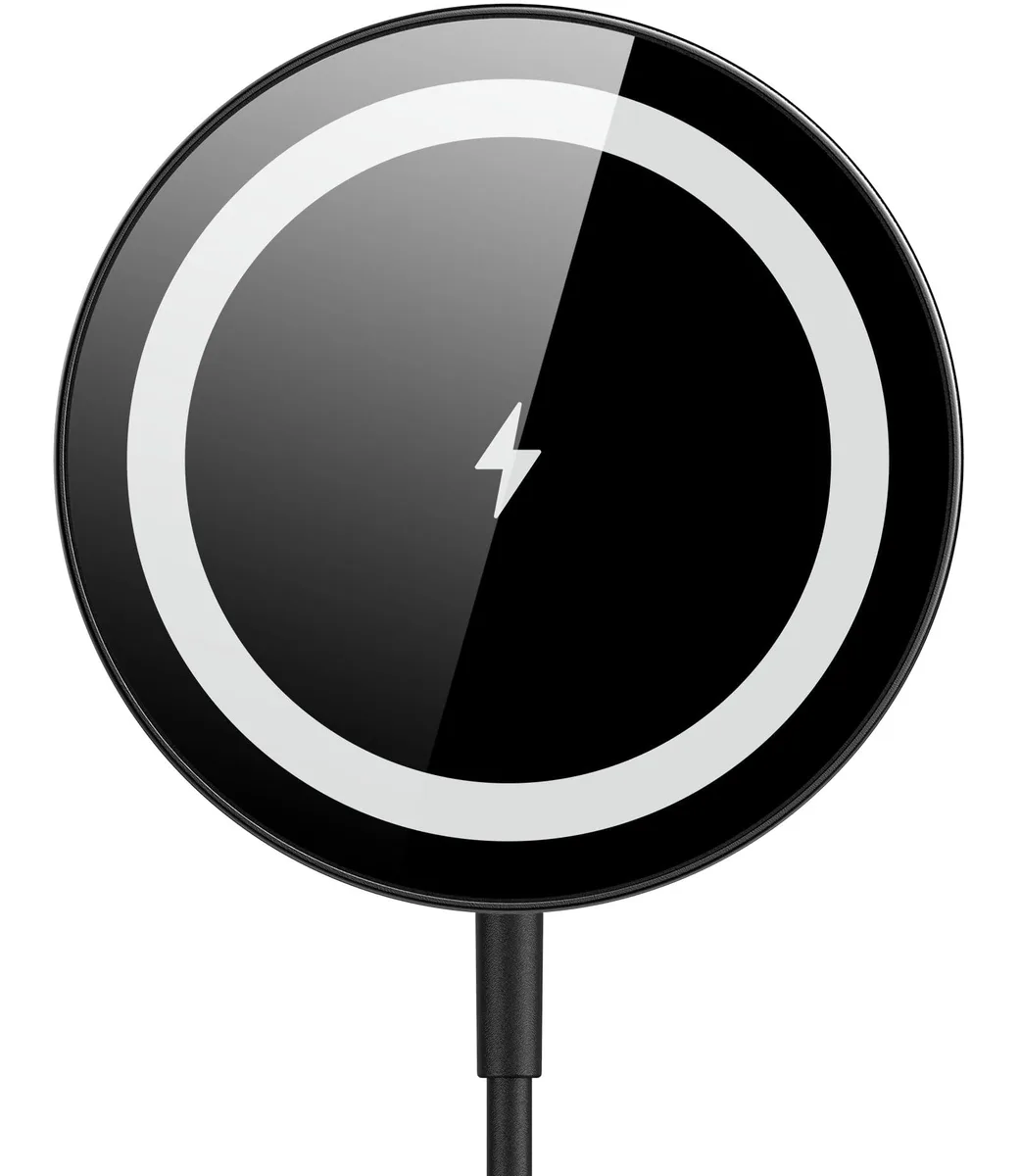 Black magnetic wireless charger disc on cable