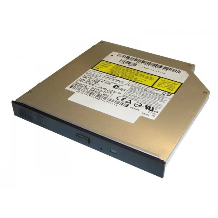 Silver laptop DVD CD ROM drive with rectangular slot-loading tray