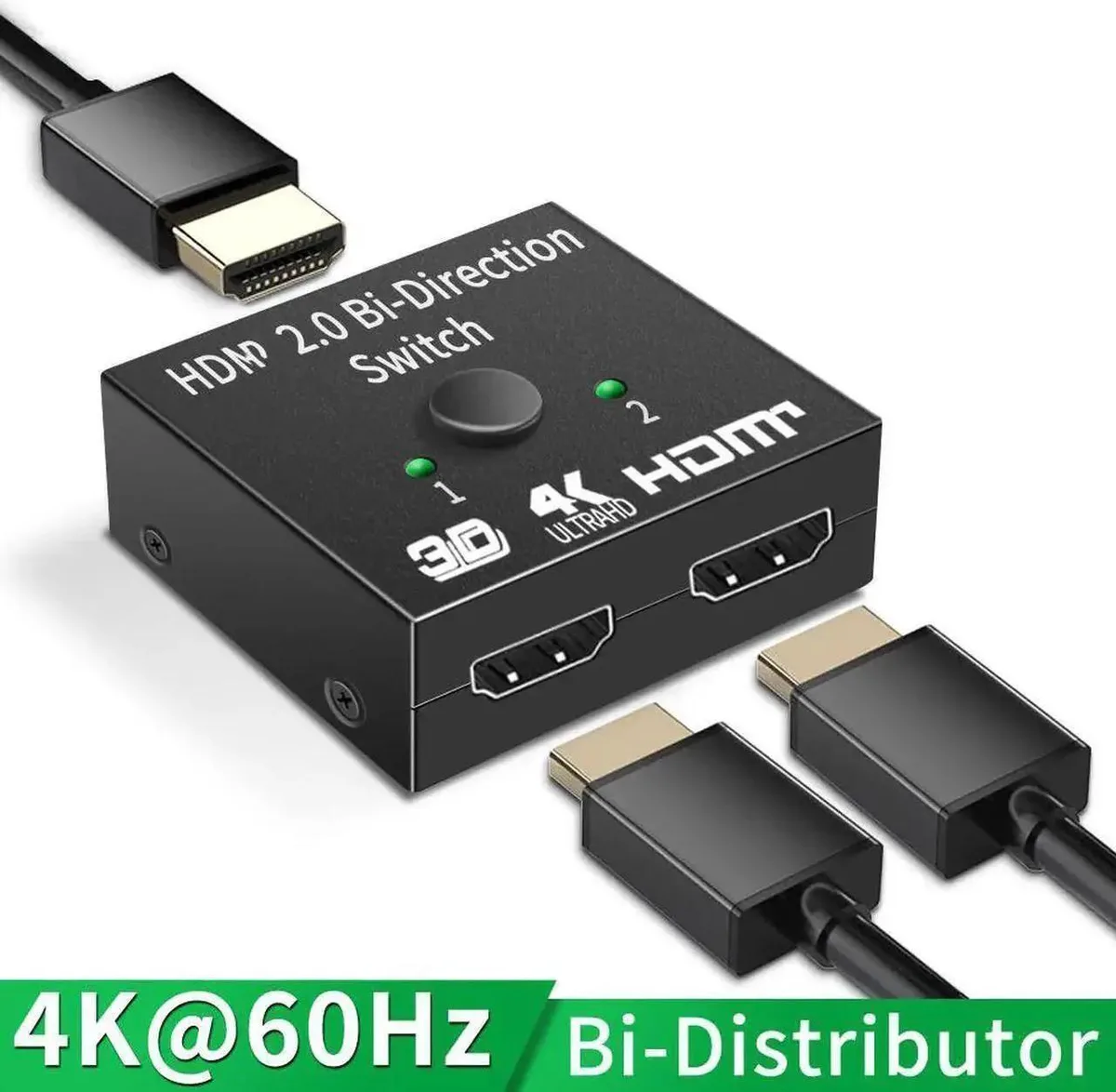 Small black rectangular HDMI switch box with button and two LED indicators
