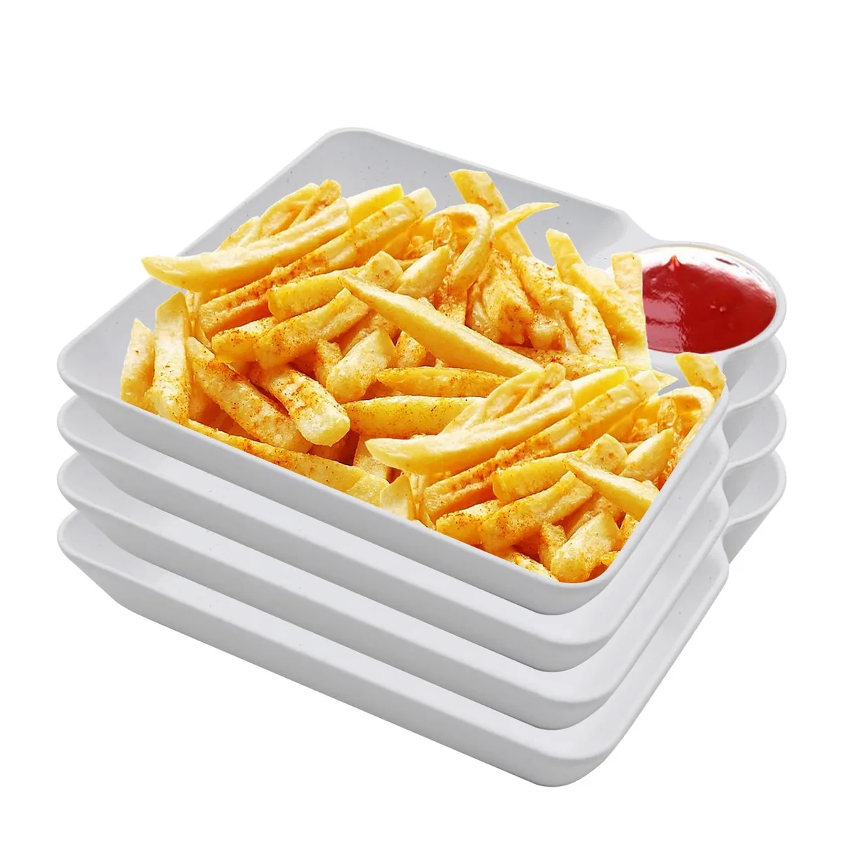 Four white round wheat-straw platters with centre dip wells 5.9 inch wide 1.57 inch deep