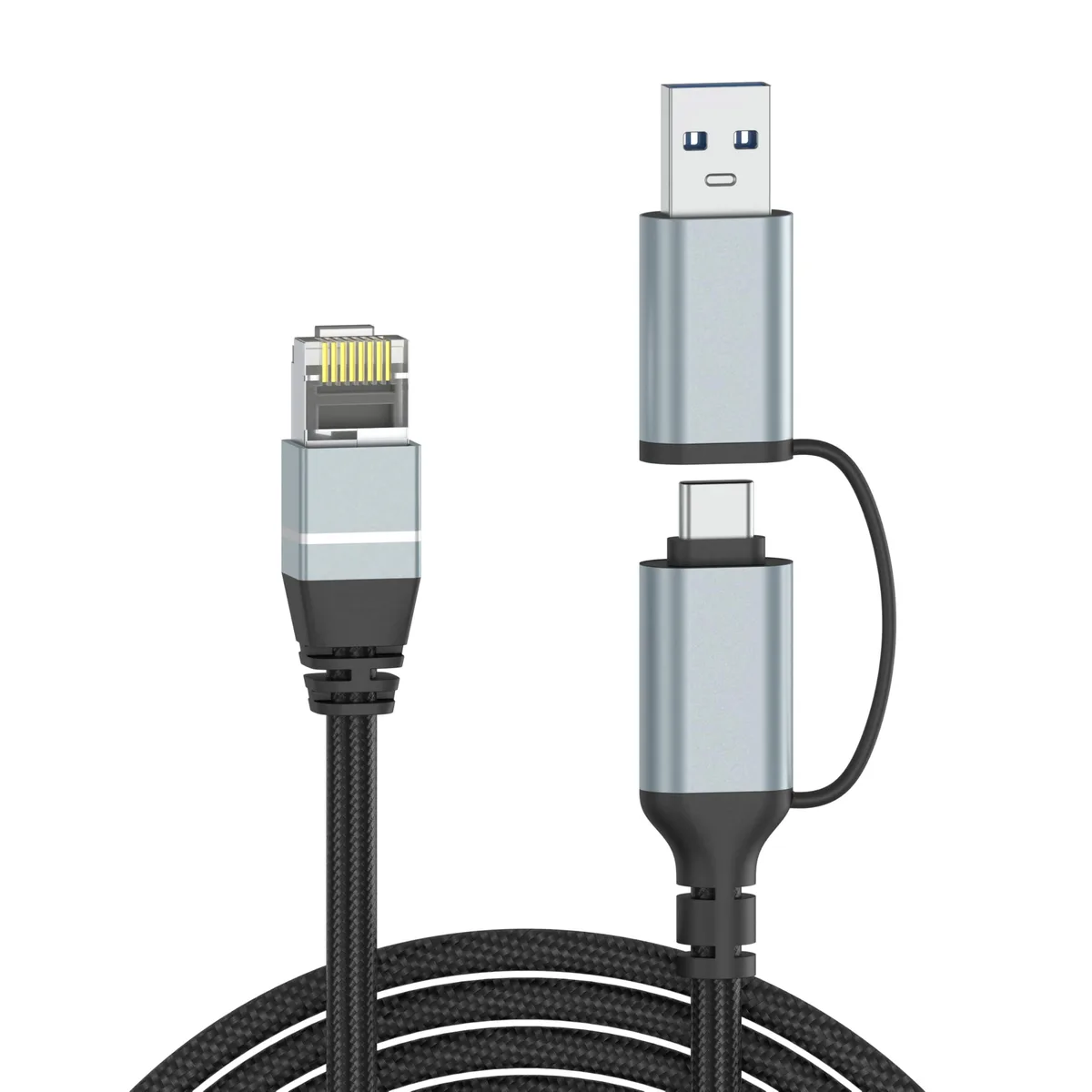 Black USB-C to RJ45 network cable, 6 ft, round matte finish