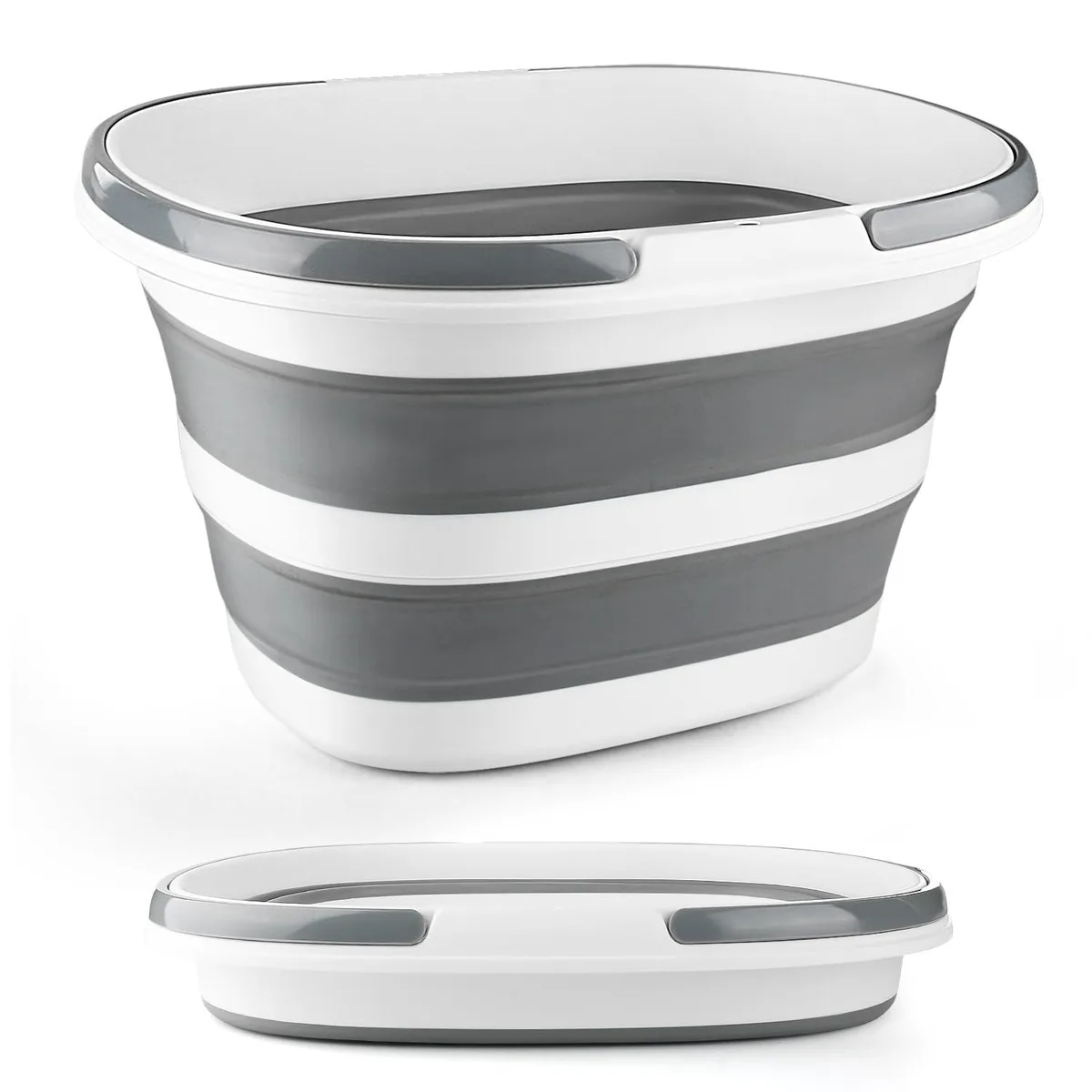 White collapsible silicone mop bucket with handles, folds to 2.6 inches high