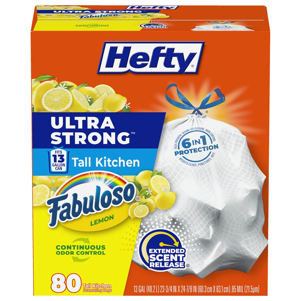  Hefty Ultra Strong Tall Kitchen 80 Count 13 Gallon White Fabuloso Lemon Scent — product photo