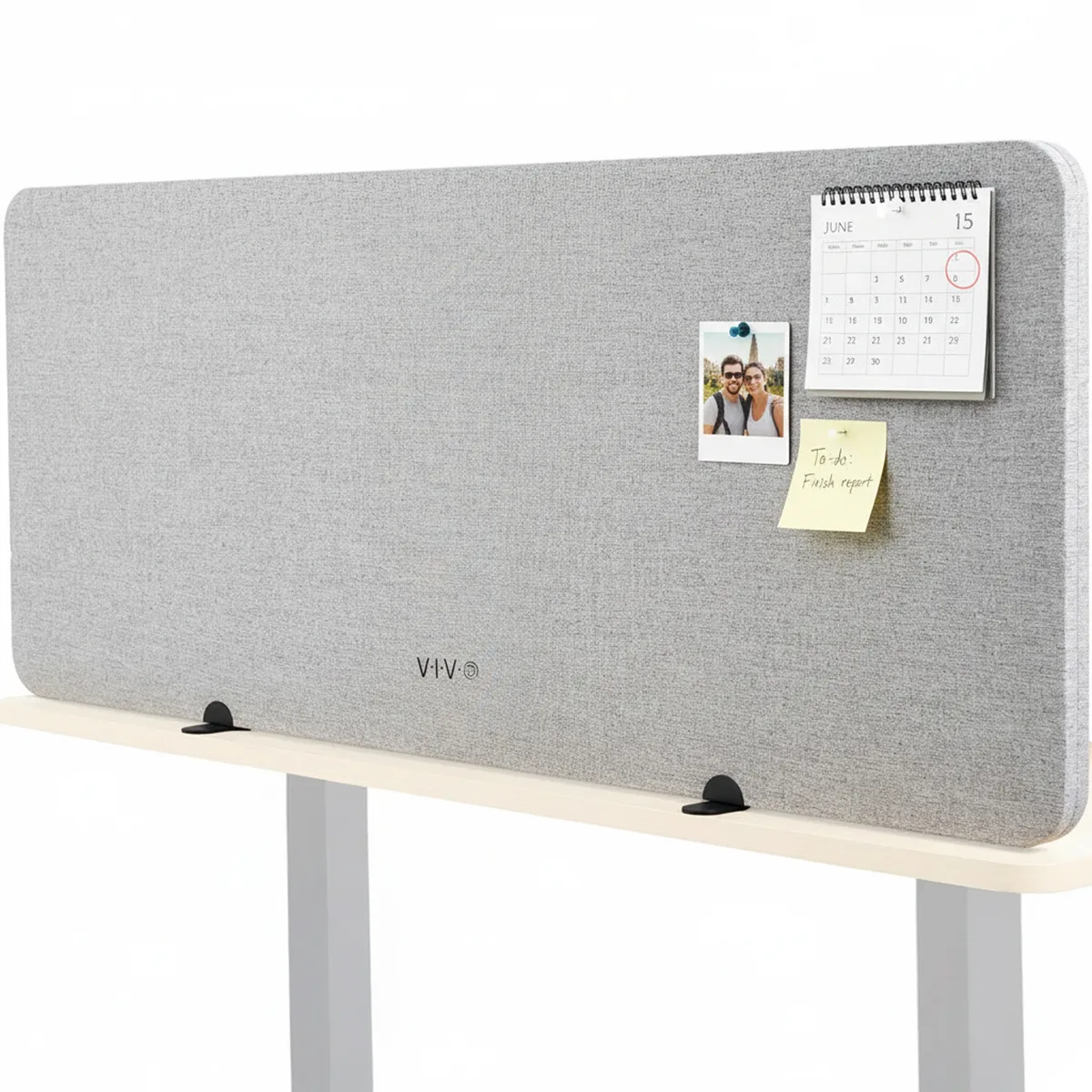 Gray freestanding desk privacy panel, 59.1 by 23.8 inches, PET fabric with steel feet