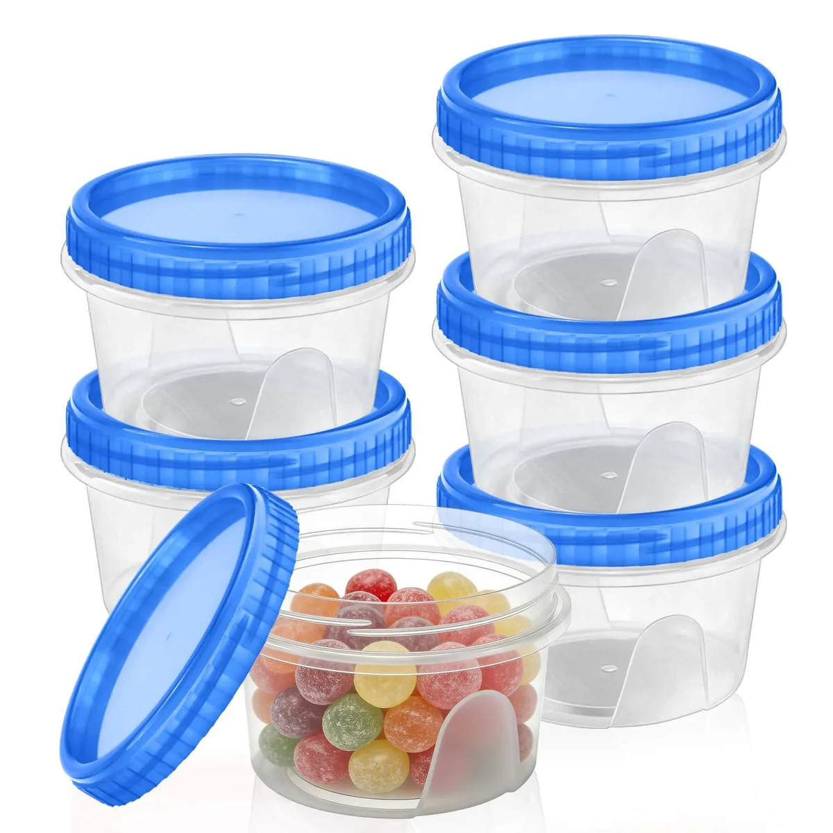 Six red 12 oz stackable containers with screw-on lids