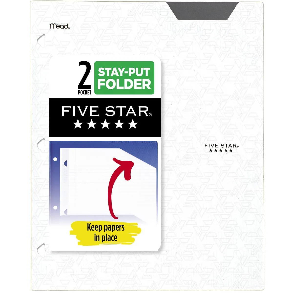 White plastic two-pocket folder with stay-put tabs, three-hole punched for binders