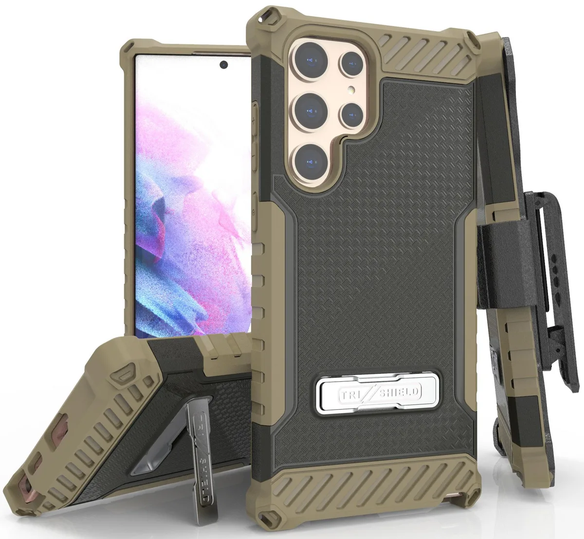 Nakedcellphone Nakedcellphone Tri-Shield Kickstand Case + Belt Clip Holster + Lanyard Strap Brown for Galaxy S22 Ultra 5G — product photo