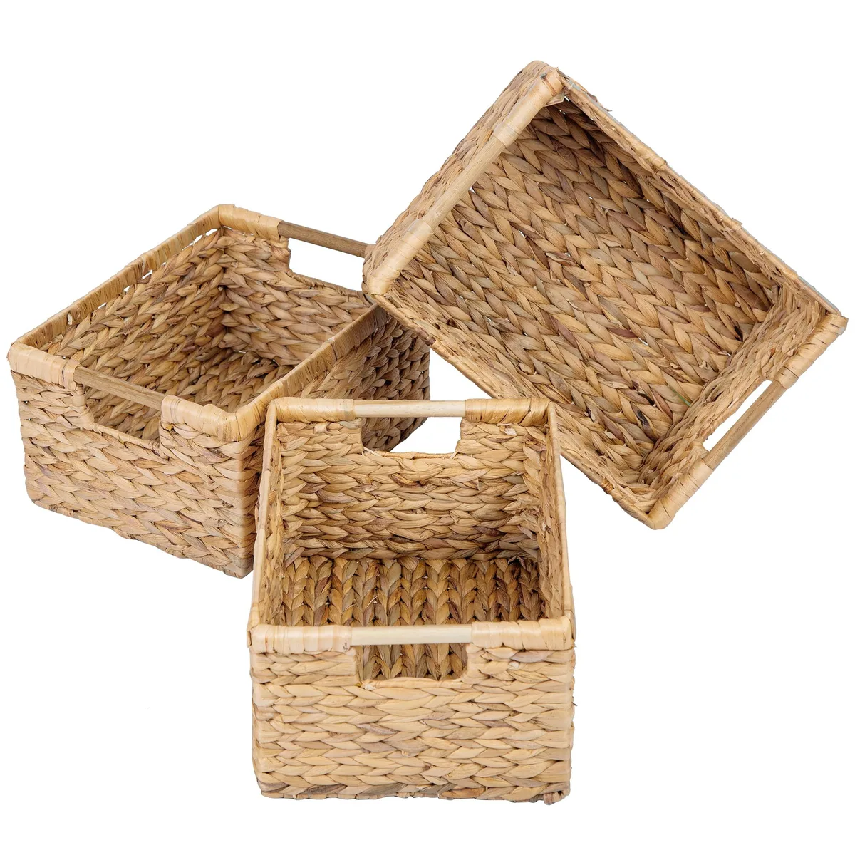 Three red rectangular plastic baskets with wooden handles, stacked, 14.5 x 10.3 x 7.5 in