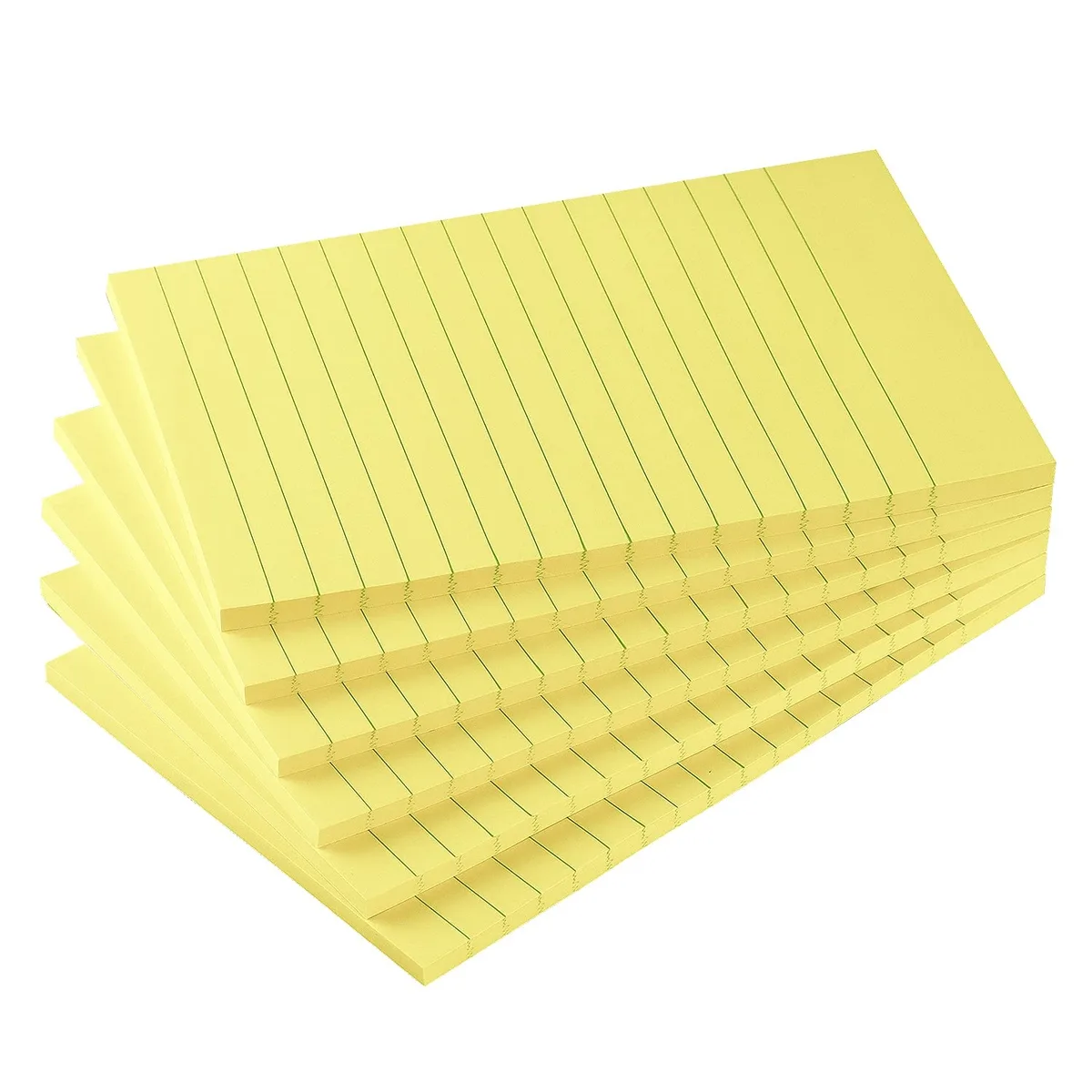 Six yellow lined sticky note pads, 4 by 6 inches