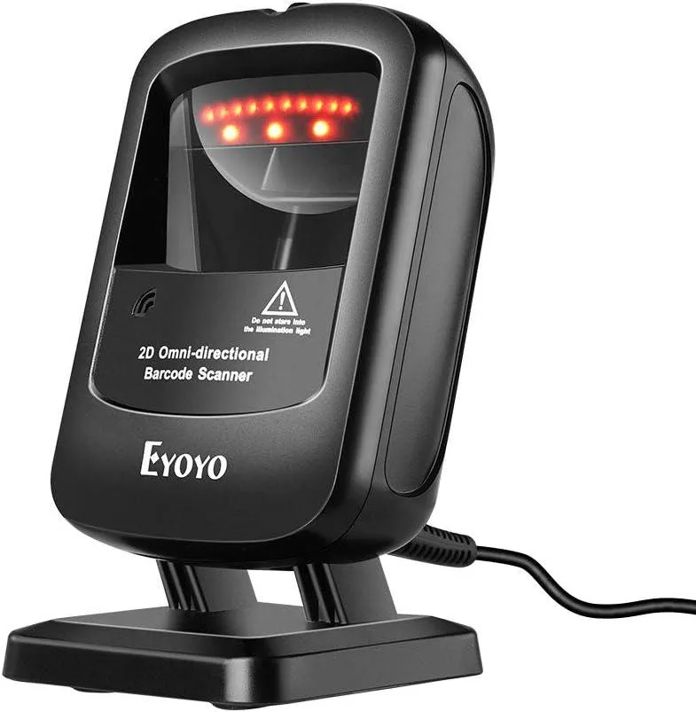 White desktop barcode scanner with hands-free stand and USB cable