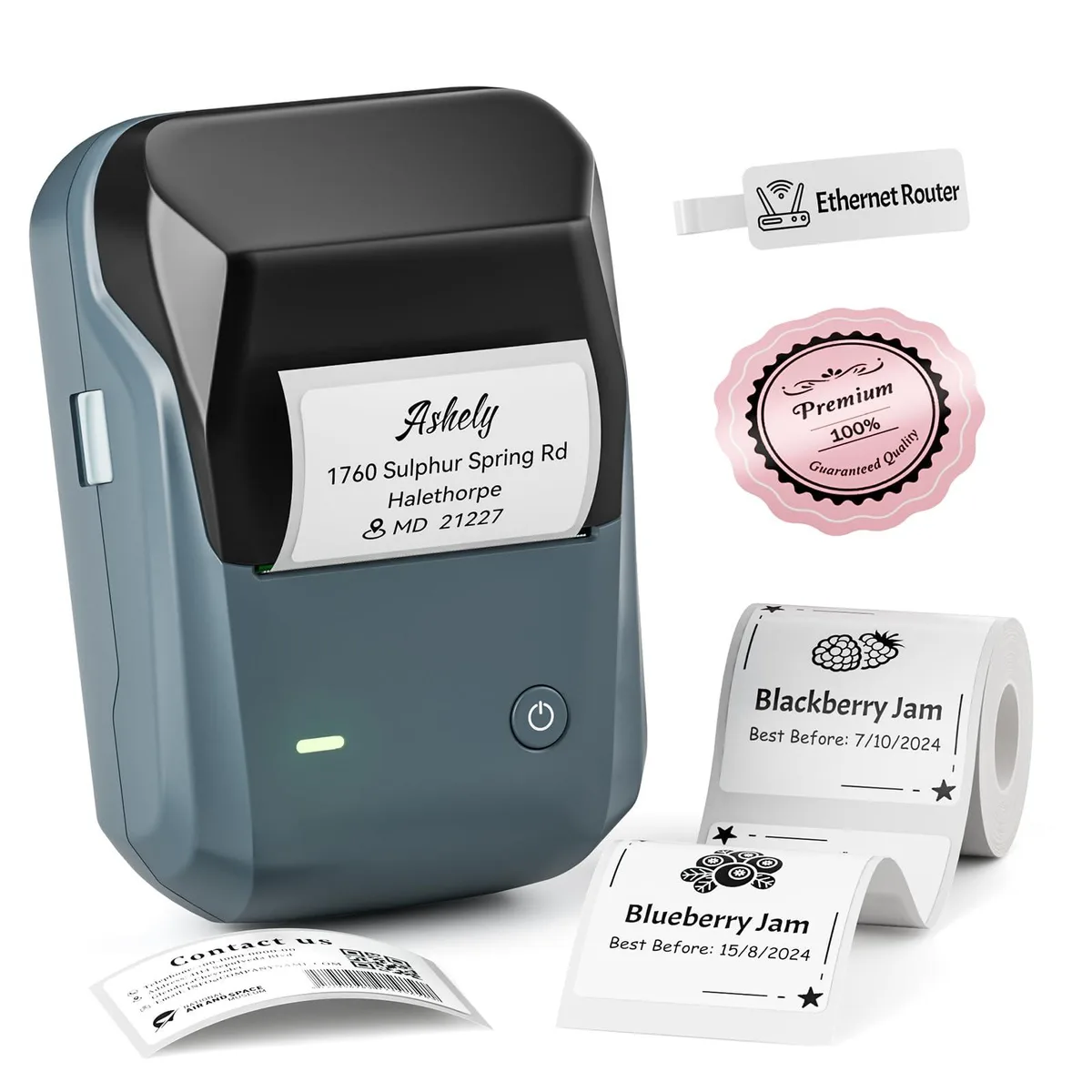 Compact blue thermal label printer with rounded edges and matte finish