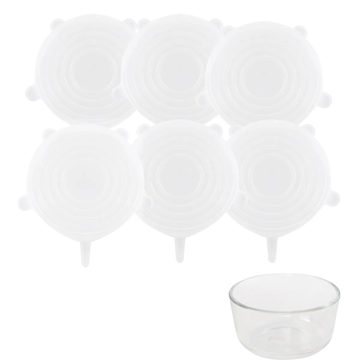 Six white round silicone lids stacked together