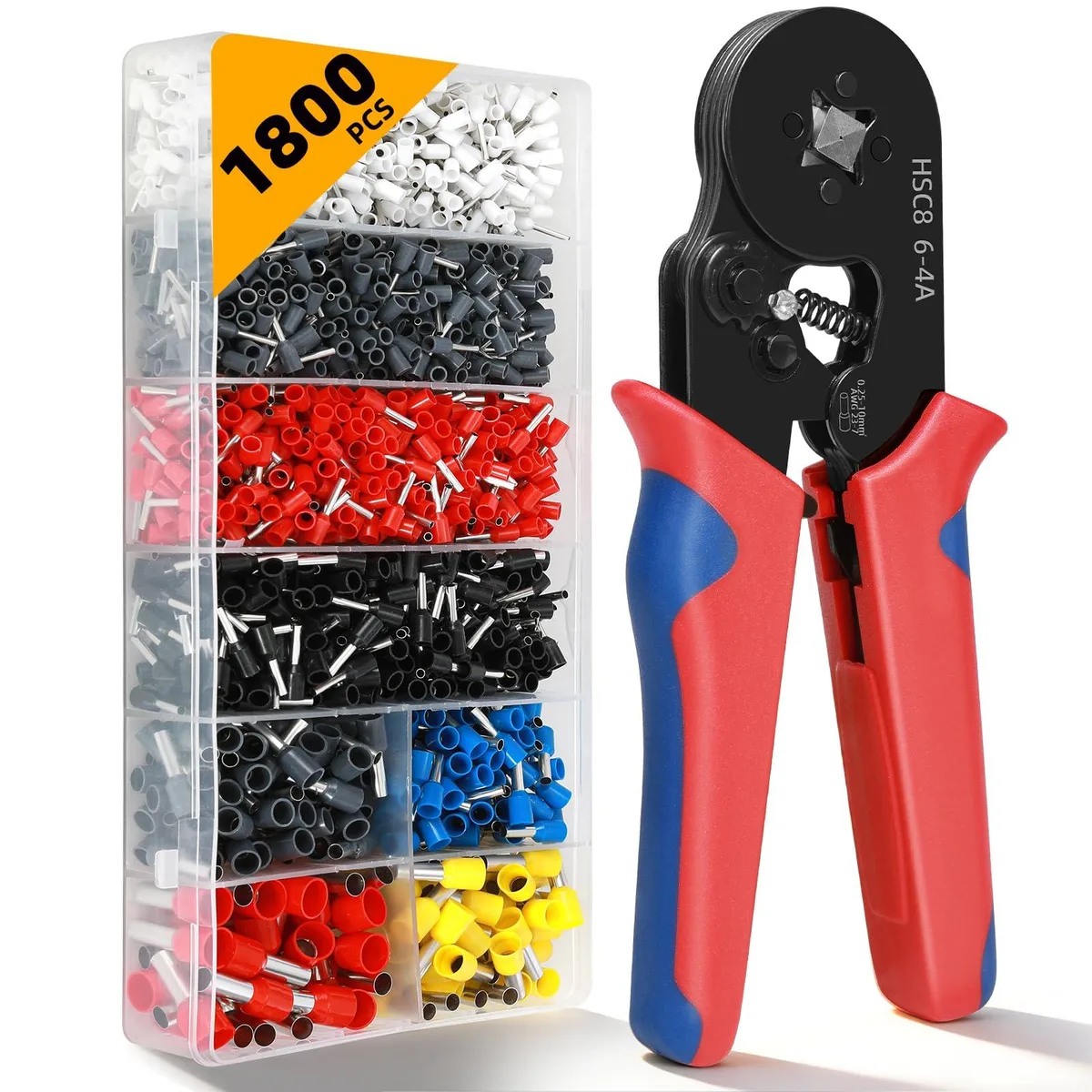 Black crimping tool plier with assorted wire ferrules in a storage case