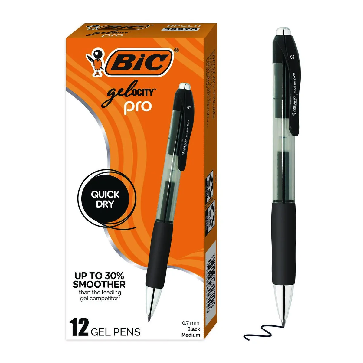 Twelve retractable gel pens, black ink, clear barrels, 0.7 mm tips