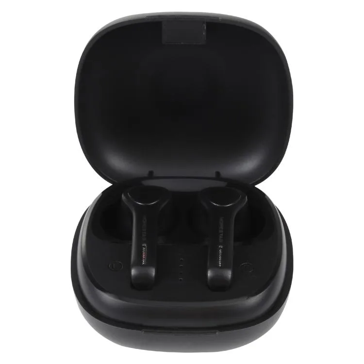 Red true wireless earbuds in charging case