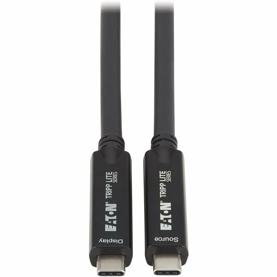 Black USB-C to USB-C fiber active optical cable, 15 metres long