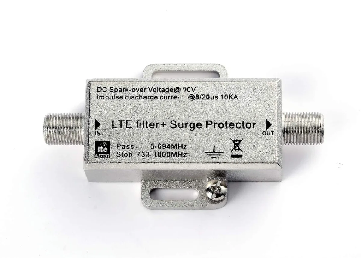 Small coaxial grounding block with F-type connectors, matte metal finish, compact rectangular shape