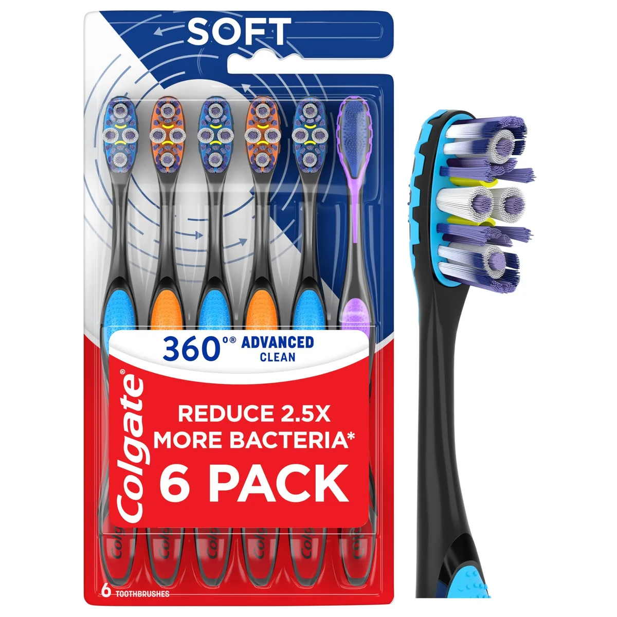 Six white manual toothbrushes in a blister pack, each with a cheek and tongue cleaner on the back
