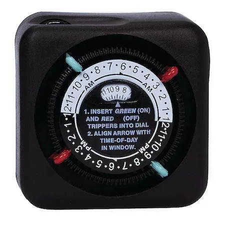 Black rectangular plug-in timer with single grounded outlet and mechanical dial