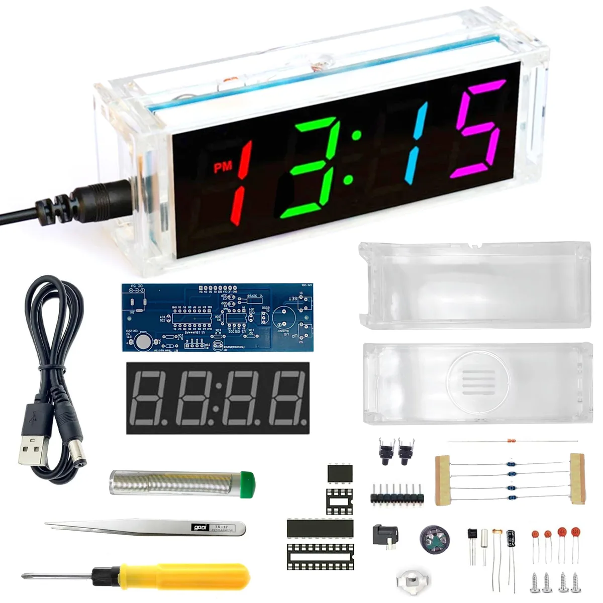 DIY soldering kit with LED clock display, acrylic case, tools and components