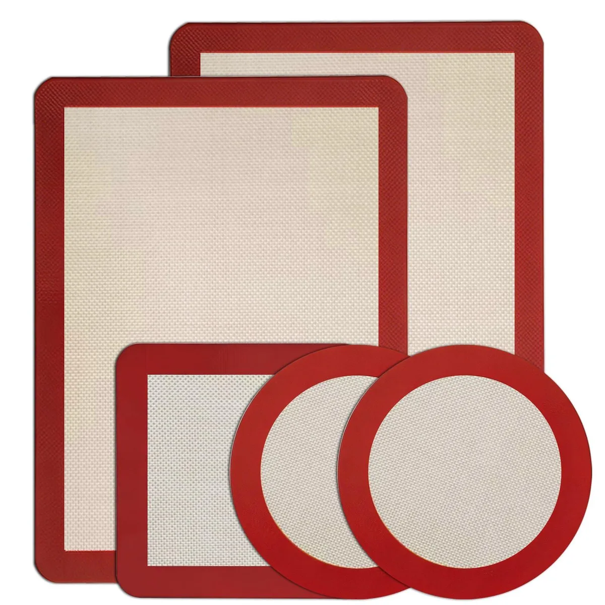 Five silicone baking mats in rectangular square and round shapes with checkered finish