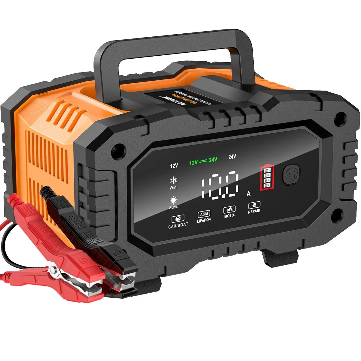 Black rectangular charger unit with LCD screen and clamps