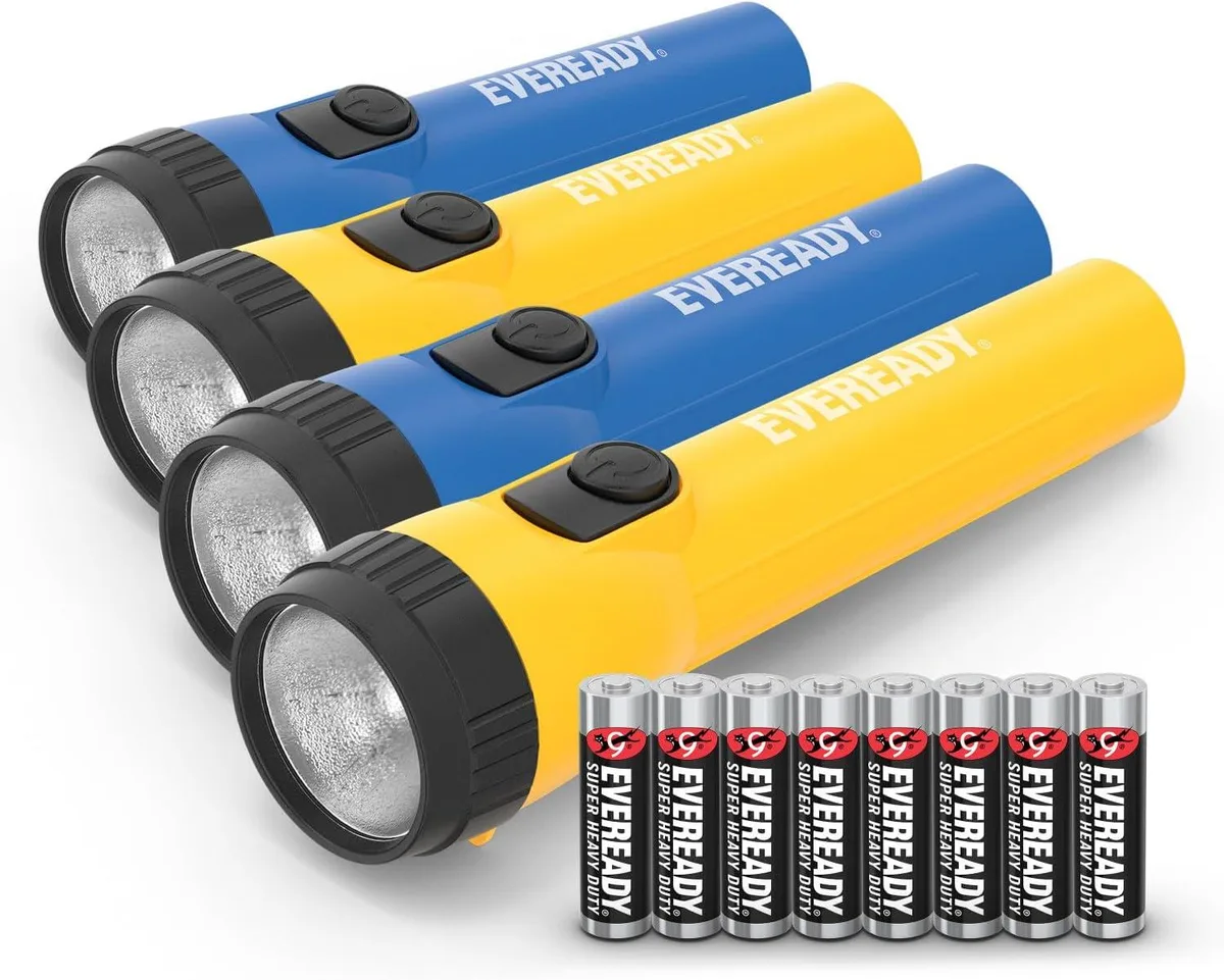 Four blue and yellow handheld LED flashlights with ribbed grips
