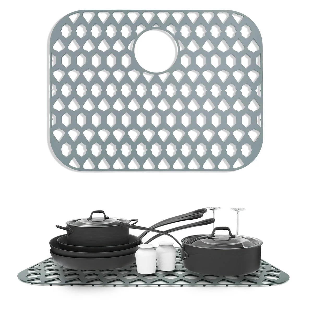 Rectangular grey silicone sink mat 21 by 16 inches rear drain holes raised feet