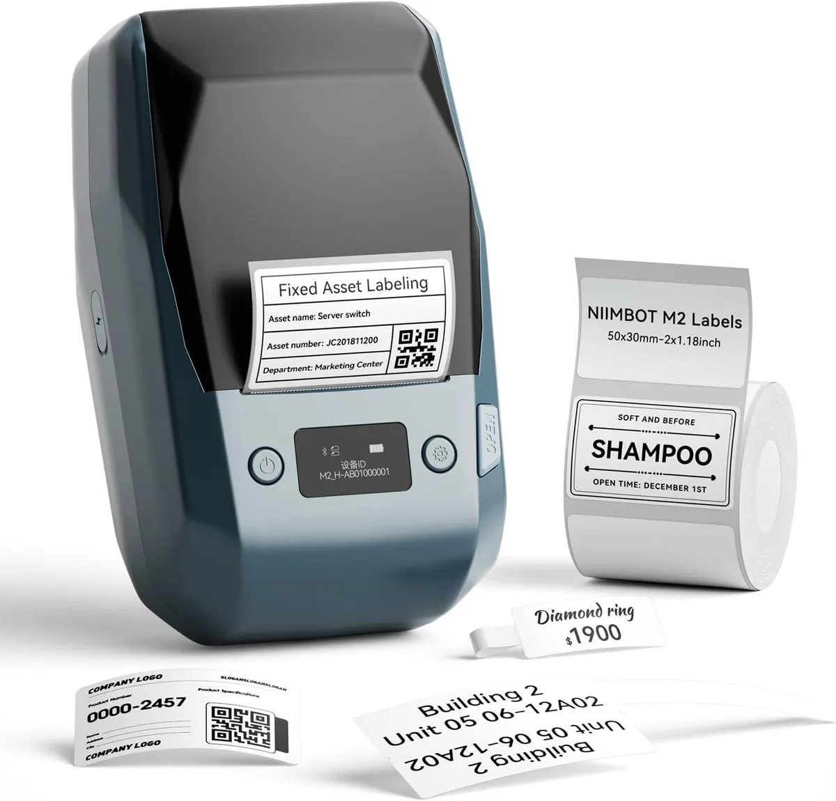 Compact white label printer with blue accents, small rectangular shape, smooth matte finish