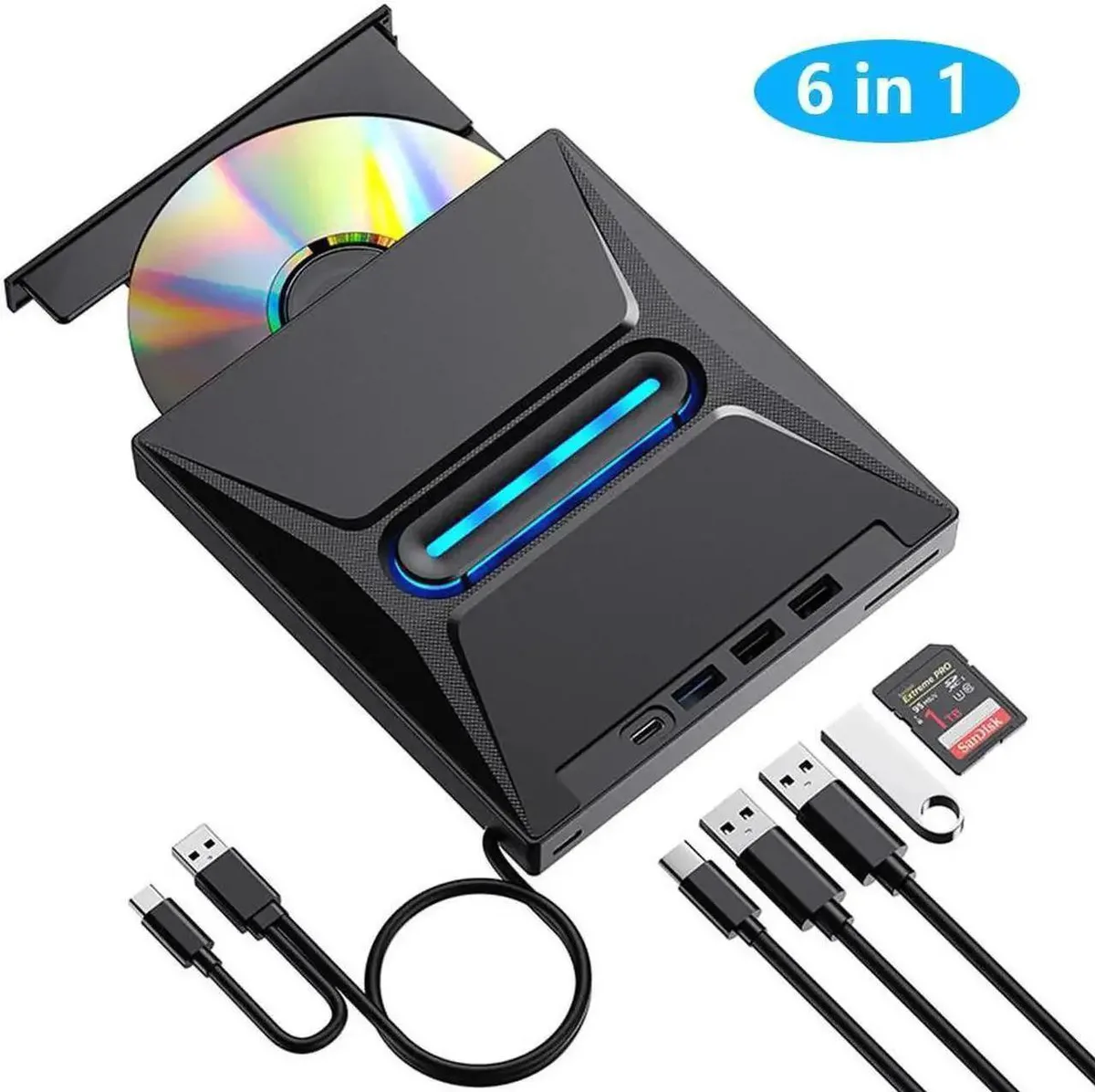 Vszerda Vszerda 6-in-1 External CD DVD Drive USB 3.0 Type C Hub SD Card Reader — product photo