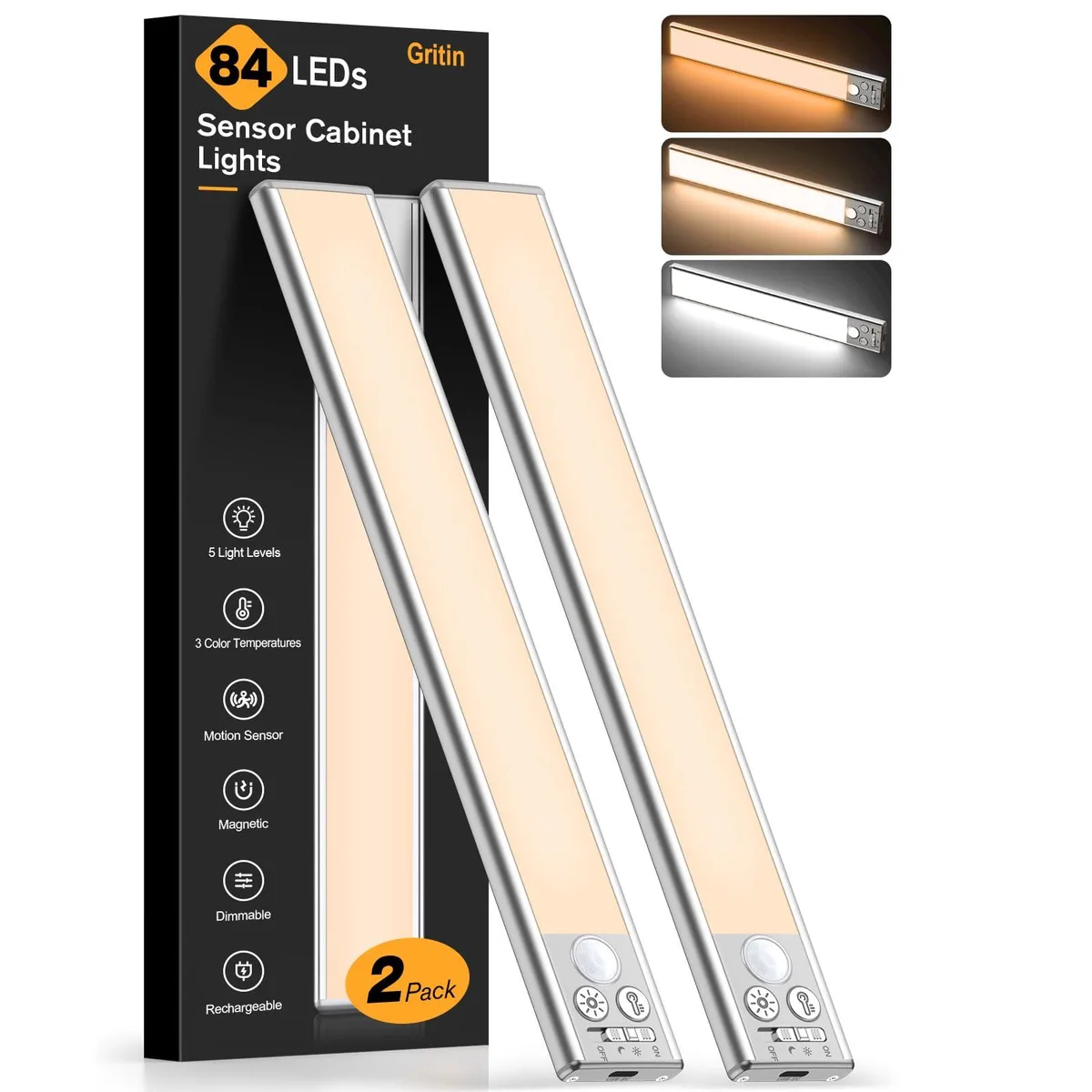 Two white rectangular 10.2 inch under-cabinet lights with clear prismatic diffusers and magnetic backs