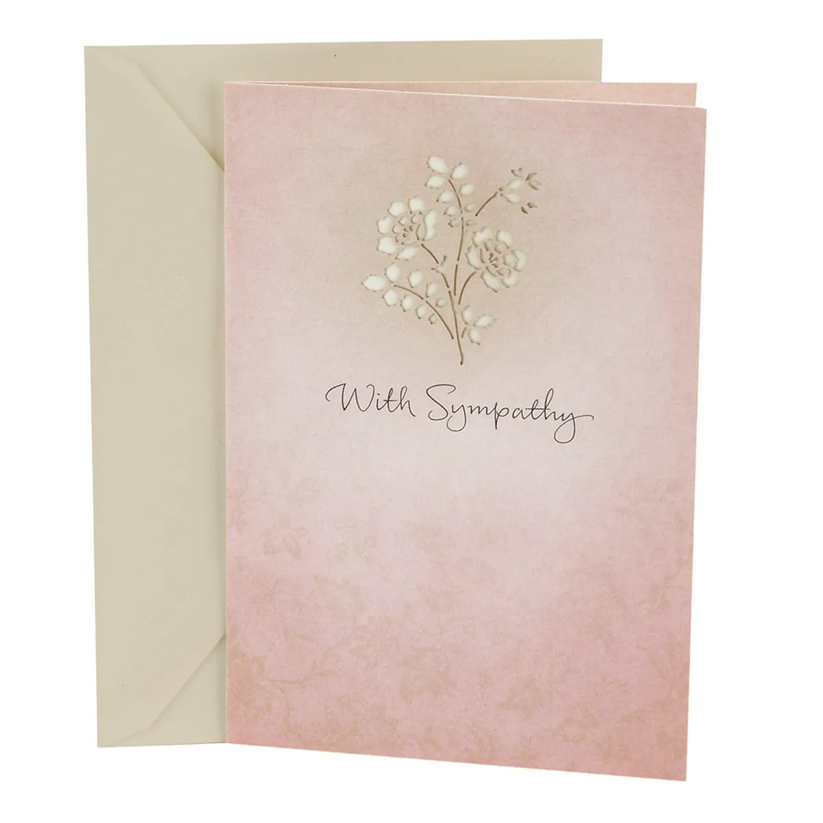 Pale pink Hallmark sympathy card with laser-cut floral front and envelope