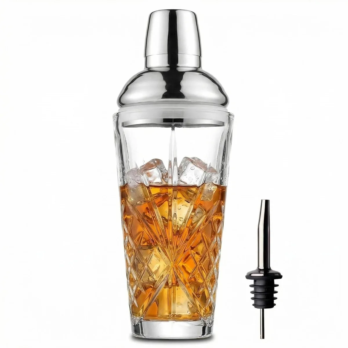Clear crystal shaker with diamond-cut facets, stainless steel lid and strainer, black finish