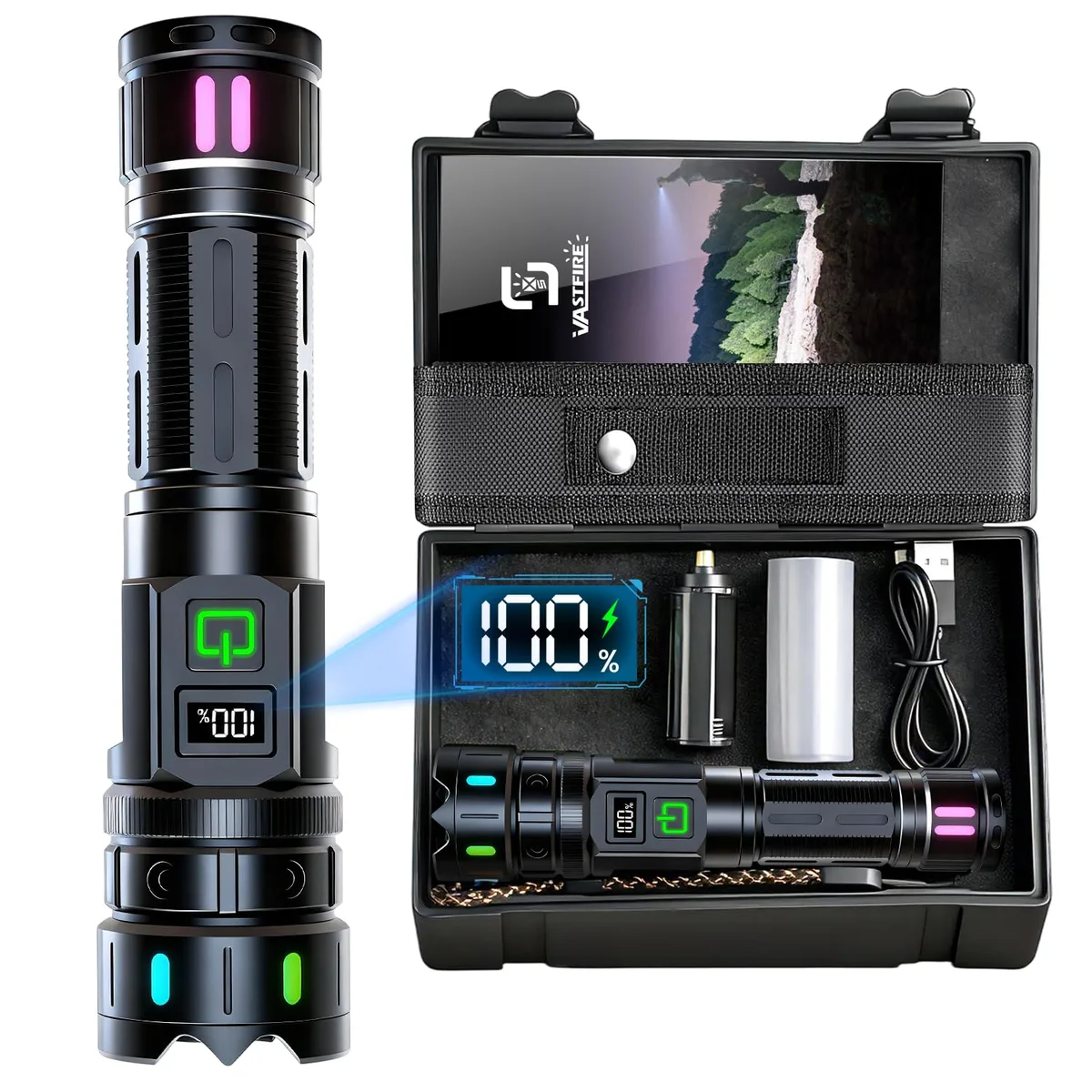 Compact black aluminium flashlight with LCD screen, magnetic base and fluorescent side strips