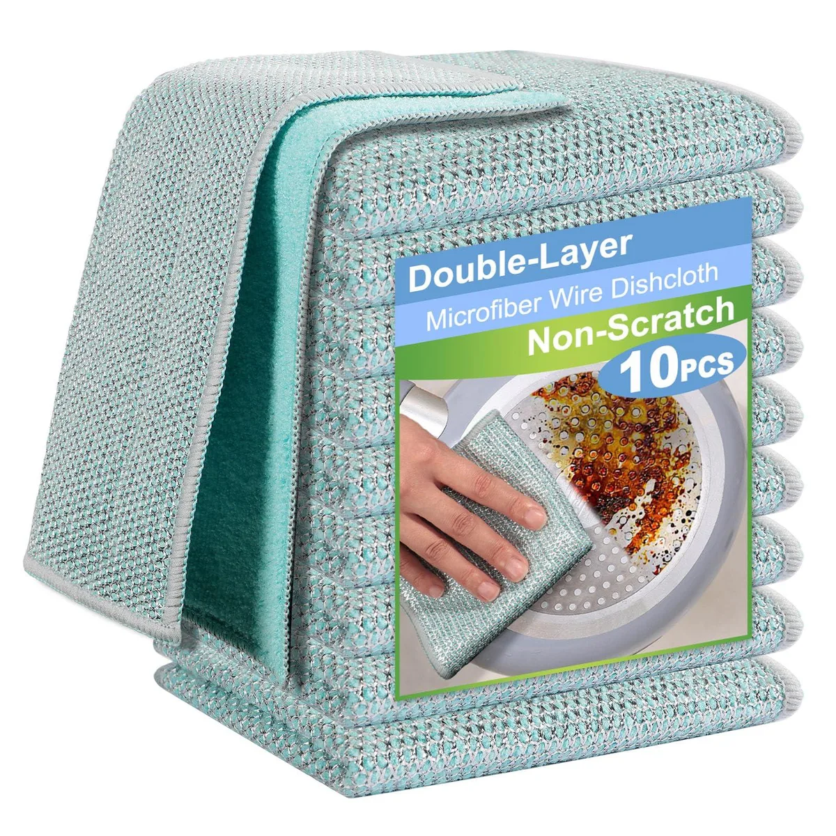 Pack of ten blue dual-layer microfiber and wire dishcloths