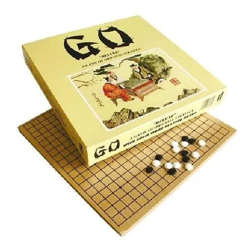 Solid wood Go board 11 by 11-3/4 inches with black and white stones