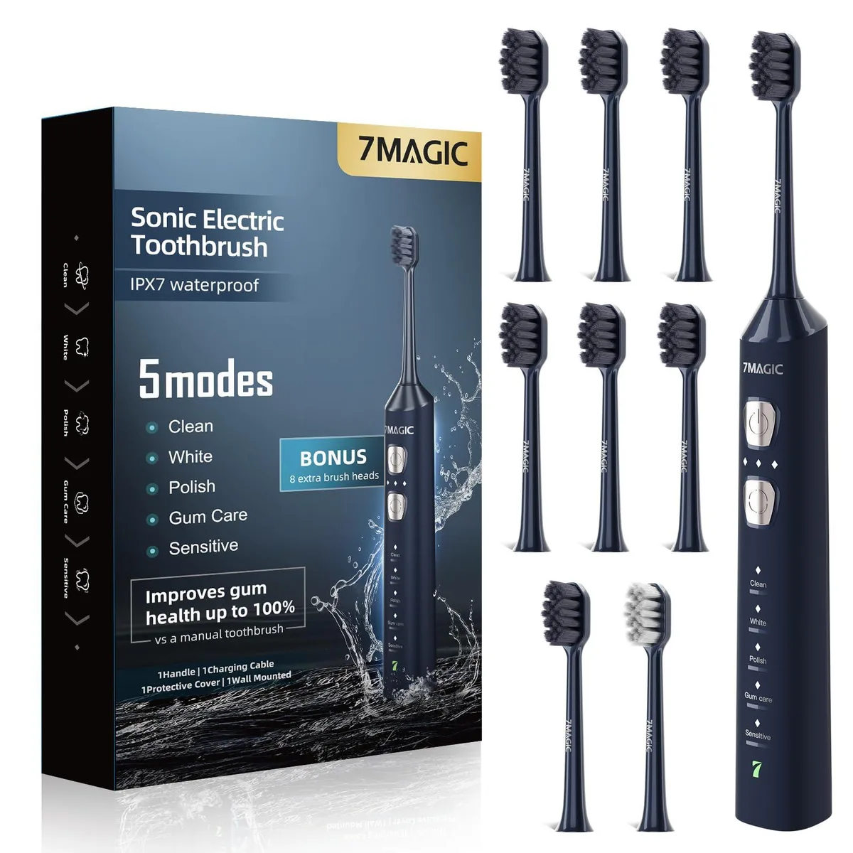  7MAGIC D36 Sonic Electric Toothbrush 42000 VPM 180-Day Battery 8 Heads Blue — product photo