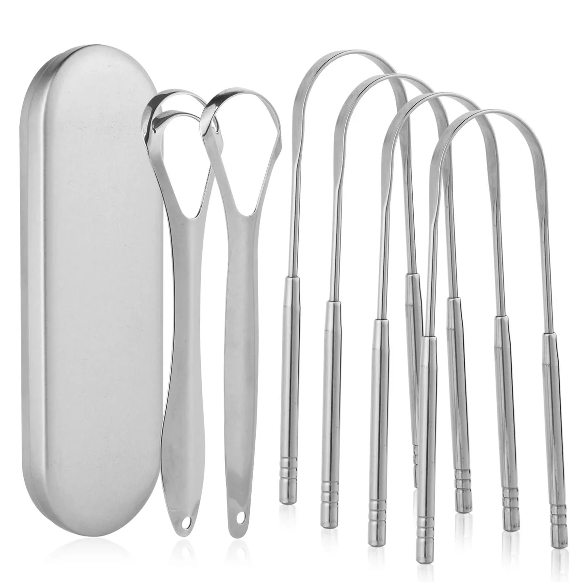 Six silver stainless steel tongue scrapers with travel case