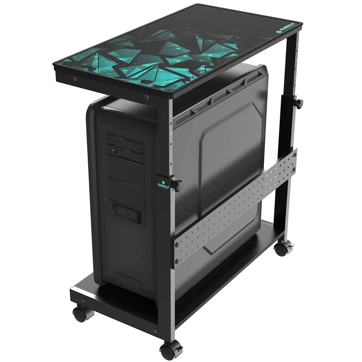 Black metal PC cart on four wheels, two shelves, pegboard back, height-adjustable frame