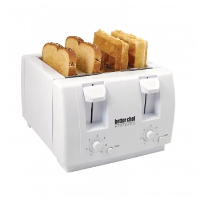 White four-slice toaster with dual controls and cool-touch panels