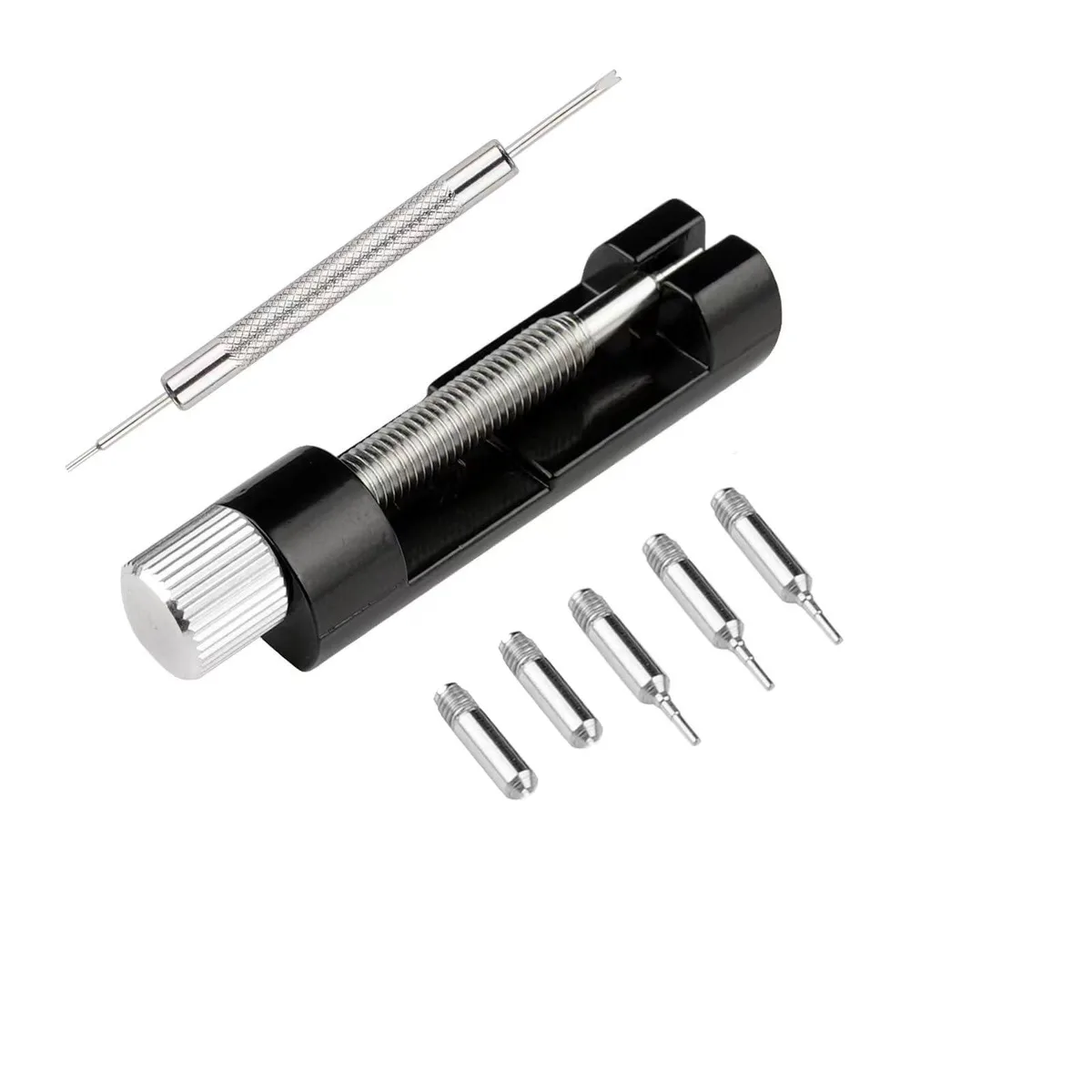 Black metal watch link removal tool kit with pin punches, hammer tools and spare needles in compact storage