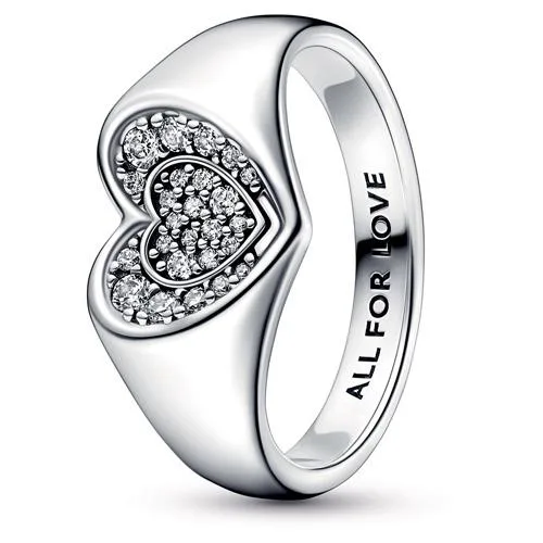 Sterling silver signet ring with concave heart top set with pavé crystals