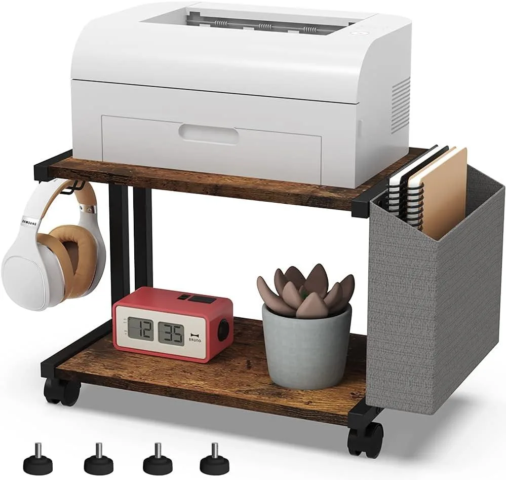Two-tier rustic brown wooden shelf on black steel frame with four casters and a side storage bag
