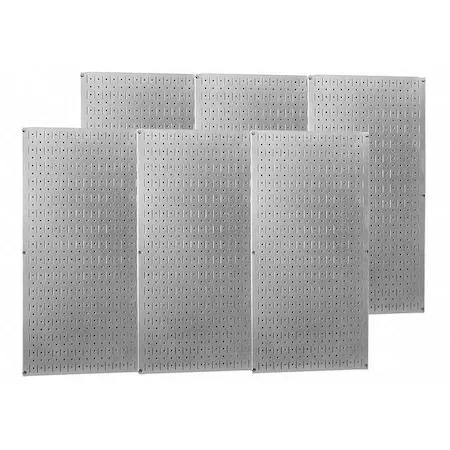 Silver zinc-plated steel pegboard panel with round slotted holes, 32 by 96 inches