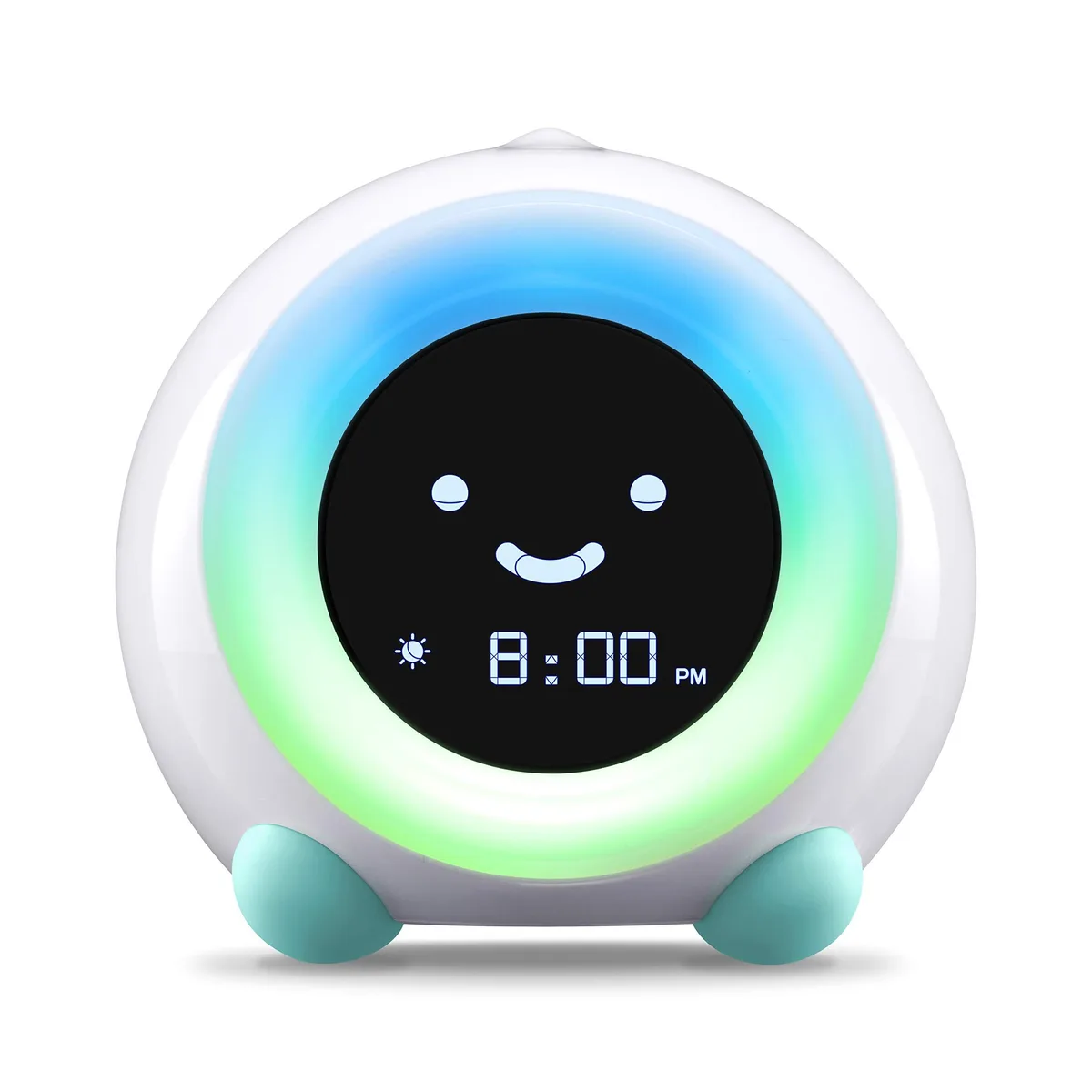 A square Arctic Blue sleep trainer clock with rounded edges and LCD face