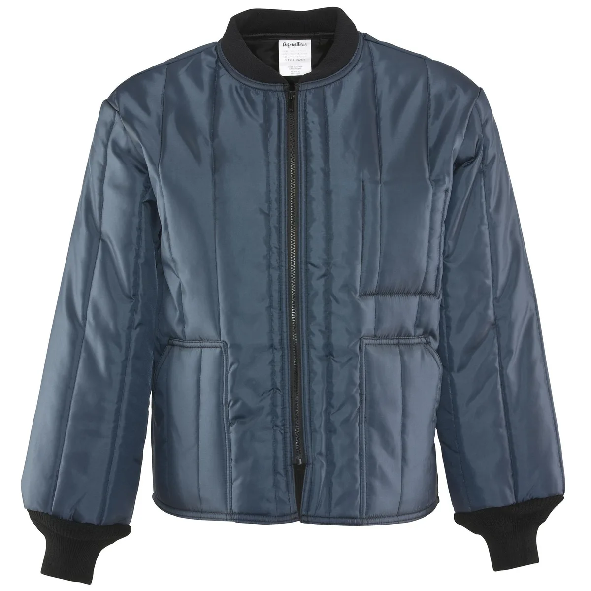 Navy insulated polyester jacket, zip front, stand-up collar, waist length, size M