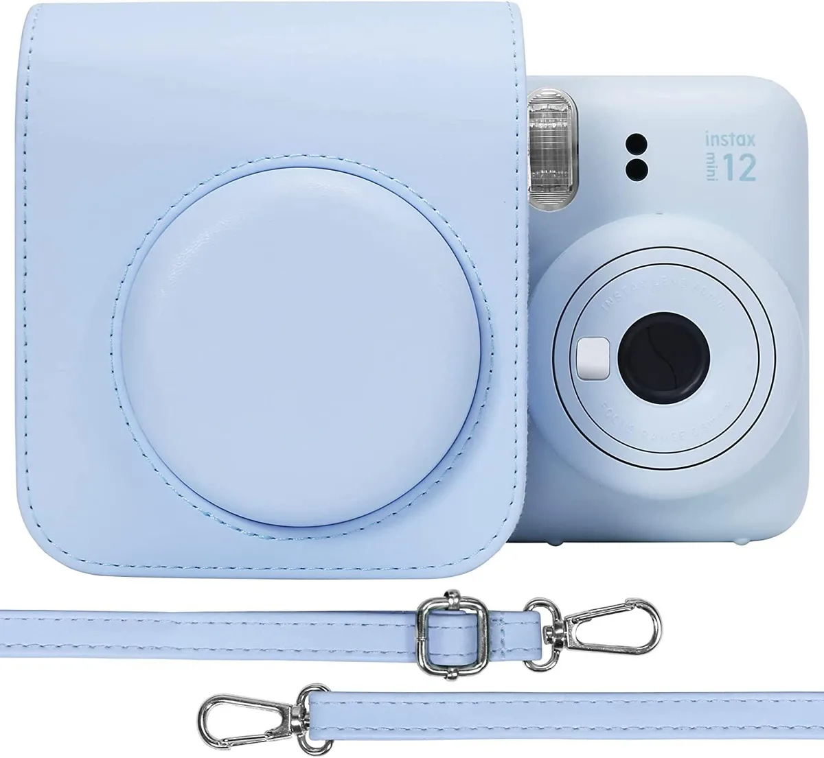 Blue synthetic leather camera case with adjustable shoulder strap for Fujifilm Instax Mini 12