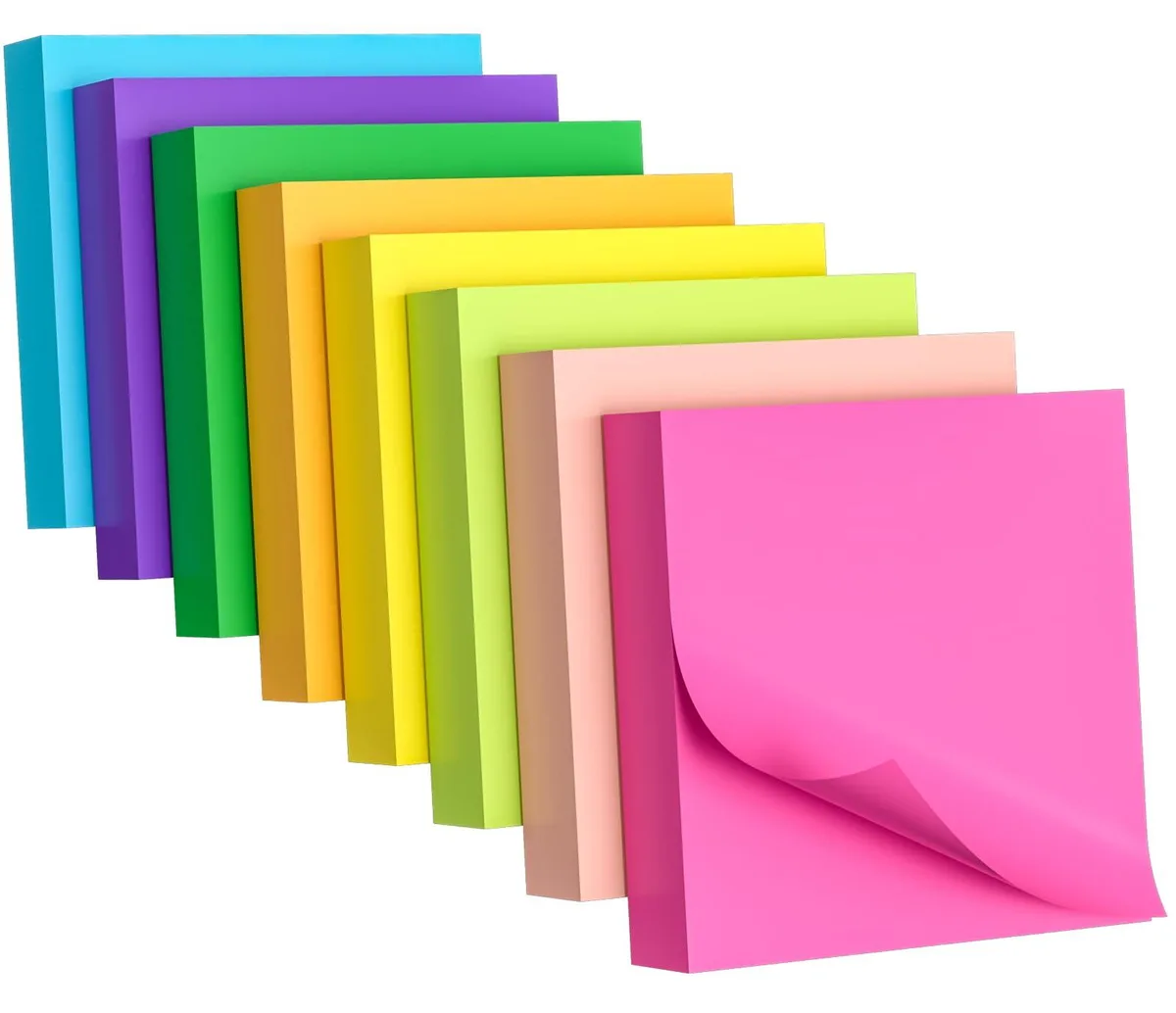 Eight square sticky-note pads in bright colours, 100 sheets each, stacked in a rectangular box