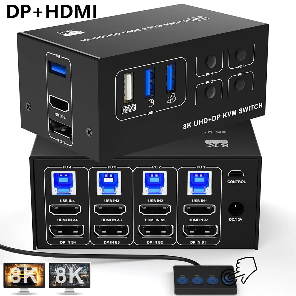 IHDAPP IHDAPP 4-Port Dual Monitor KVM Switch HDMI DisplayPort 8K@60Hz 4K@144Hz USB 3.0 Desktop Controller — product photo