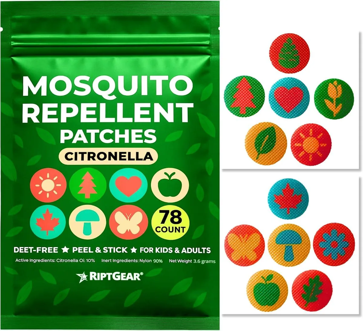 A resealable bag holding 78 citronella-infused stickers